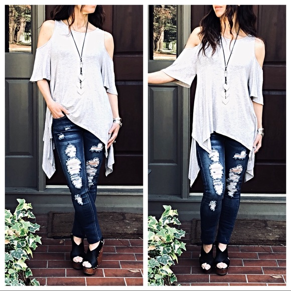 Heather grey asymmetrical cold shoulder tunic - Picture 2 of 8